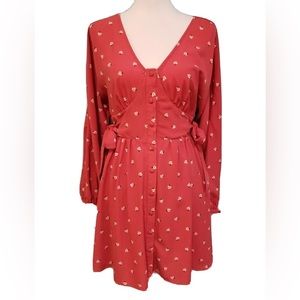 GB Heartland Dixie Floral Coral Button Down Cottage Lined Long Sleeve Dress.